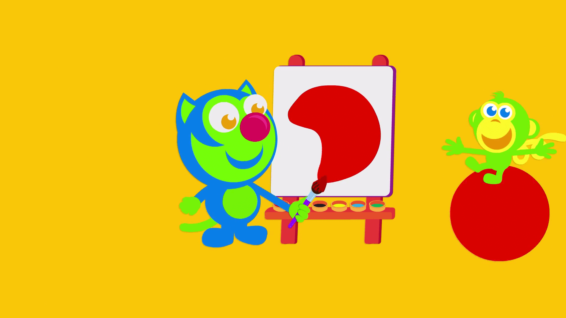 slycat paints on easel in episode of the kneebouncers show on babyfirsttv