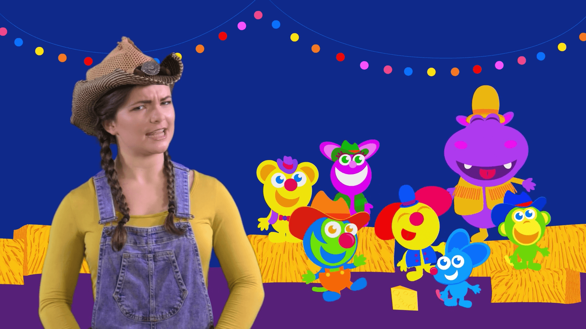 kiki sings the farmer in the dell title for Kiki's Music Time music video for toddlers on KneeBouncers