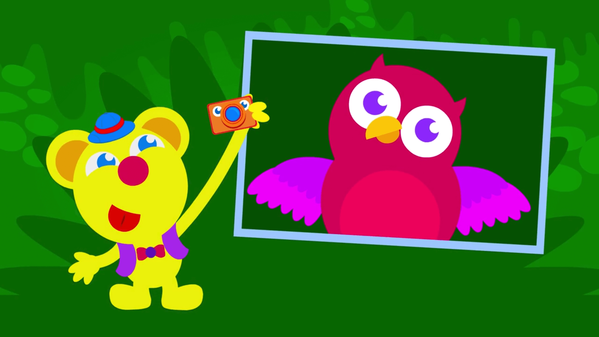 freddy takes a photo of an owl in jungle surprise episode of the kneebouncers show on babyfirsttv