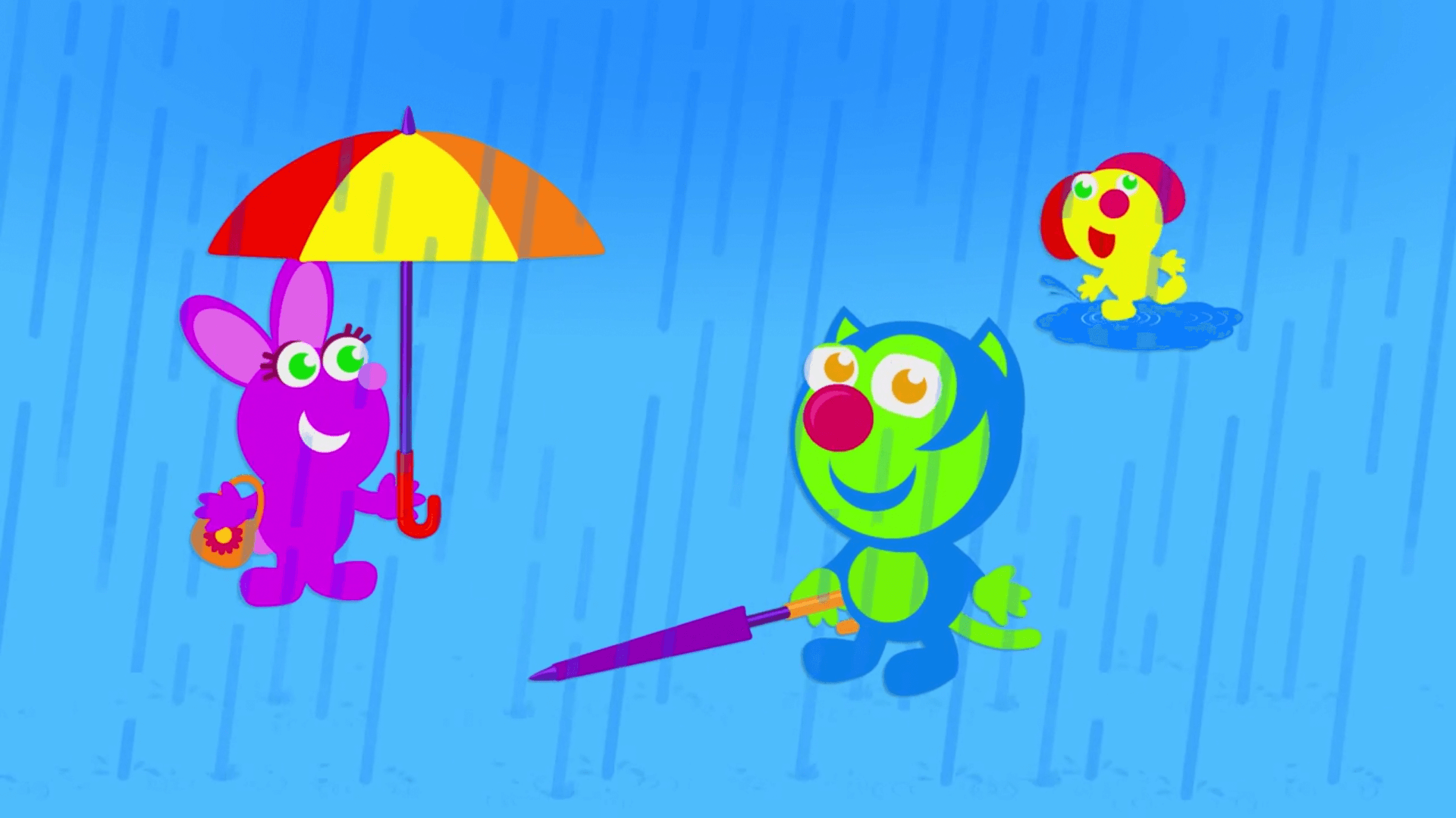 slycat uses umbrella in splish splash episode of the kneebouncers show on babyfirsttv