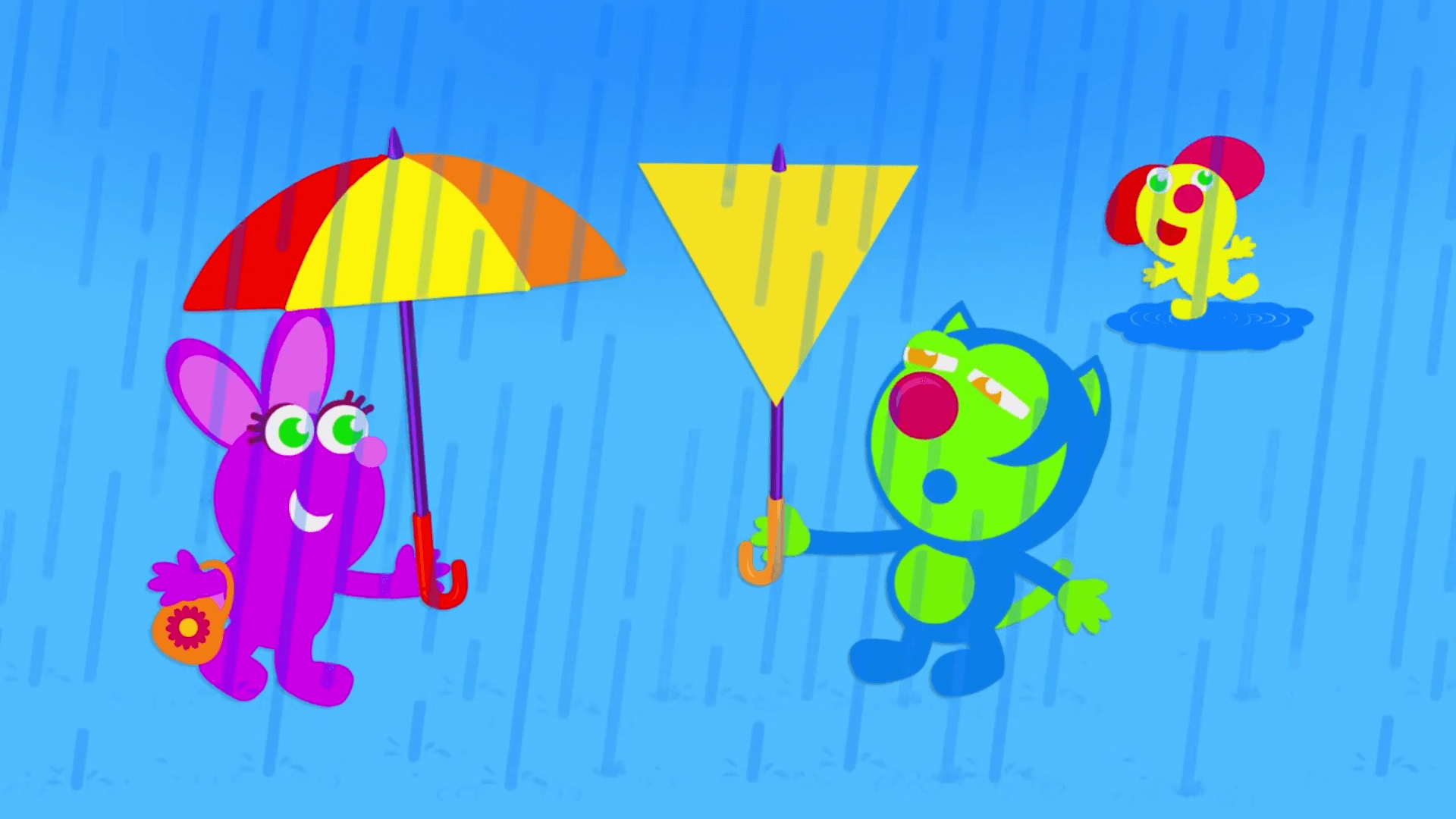 slycat tries to use umbrella in rain in triangles episode of the kneebouncers show on babyfirsttv