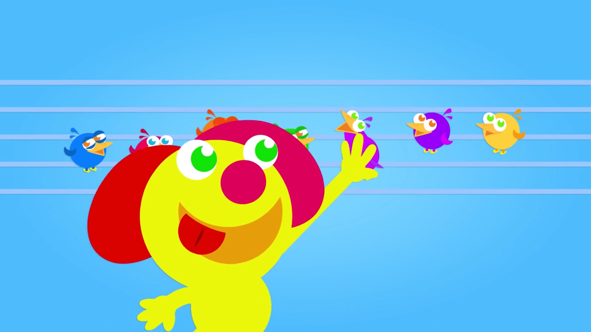 Caesar playing music with birds on wires, mary had a little lamb, row row row your boat in episode of the kneebouncers show on babyfirst