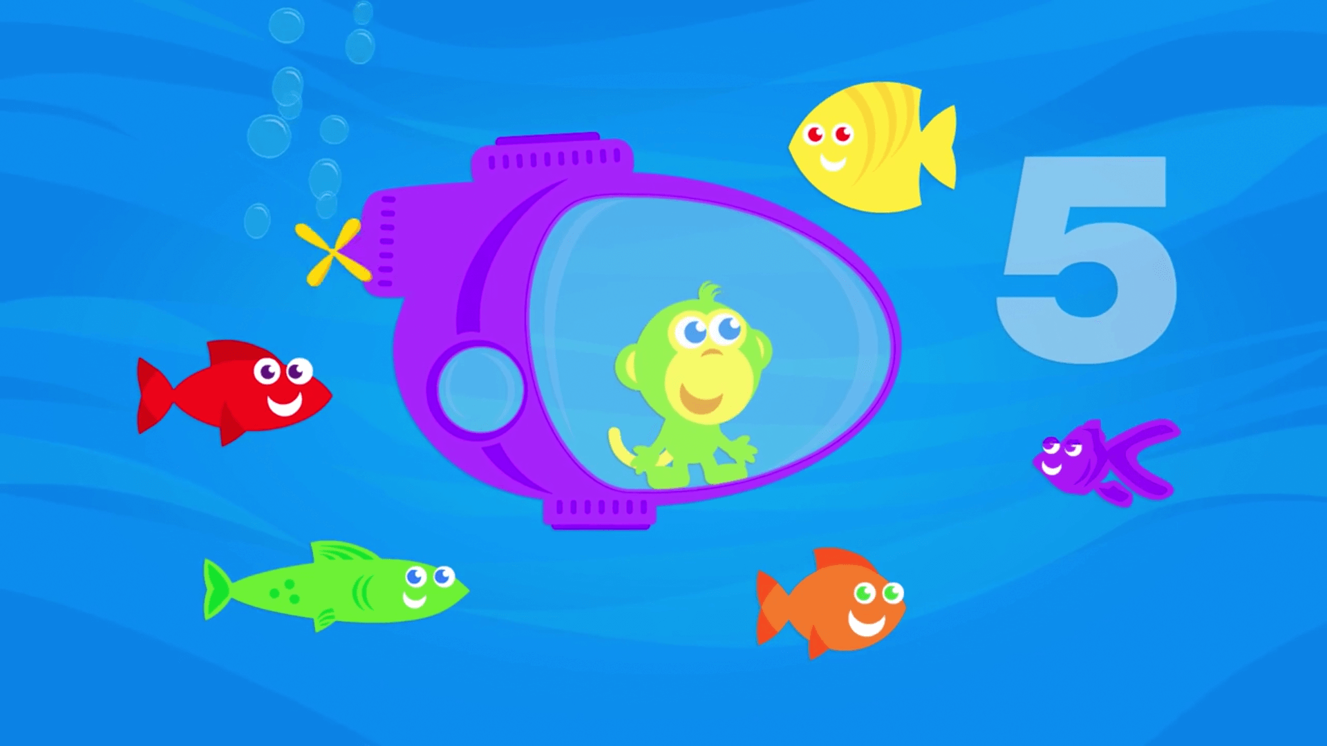 sammy rides in a submarine as five fish approach in episode of the kneebouncers show on babyfirsttv